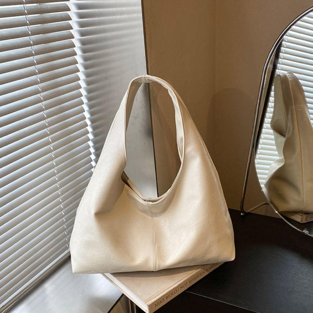 Solid Color Retro PU Tote Bag Tote Bag Underarm Packs Sweet Large Capacity Handbag  Office Worker