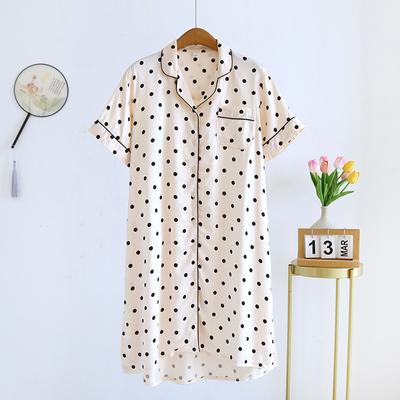Summer New Women's Viscose Fiber Lapel Nightgown Polka Dot Short-sleeved Skirt Satin Comfortable Home