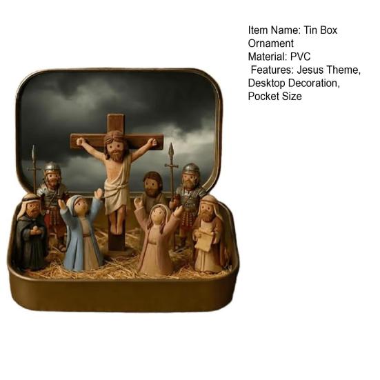 Little Jesus in Tin Box Miniature Jesus Crucifixion Resurrection Scene Ornament Pocket Jesus Figure Set Religious Home Office Desktop Decoration
