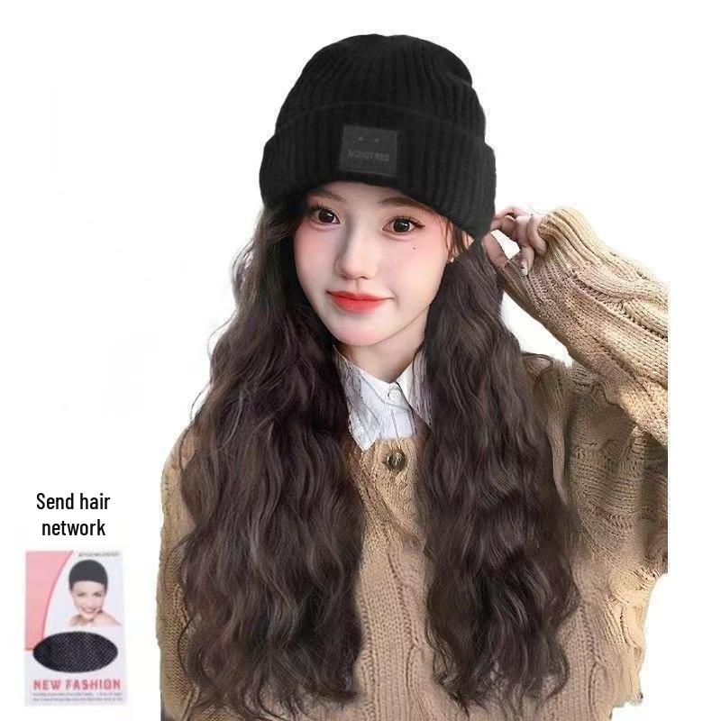 2025 Women's Fashion Knit Hat with Integrated Wig and Hairband for Autumn/Winter