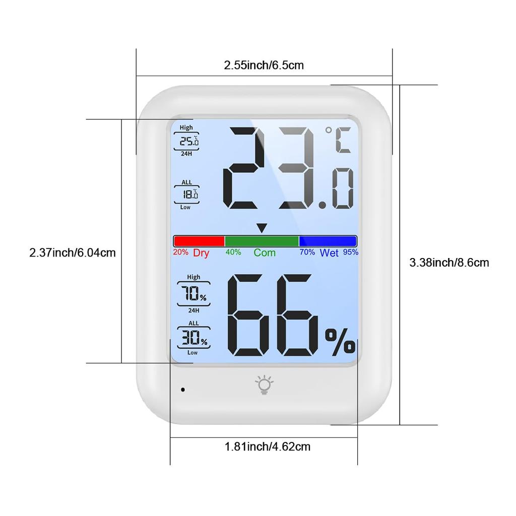 Digitales Innenraum-Thermometer/Hygrometer mit Temperatur-Komfortlevel, Touch-Funktion und Temperatur- und Feuchtigkeitsaufzeichnung, Monitor, Anzeige, Tasten,