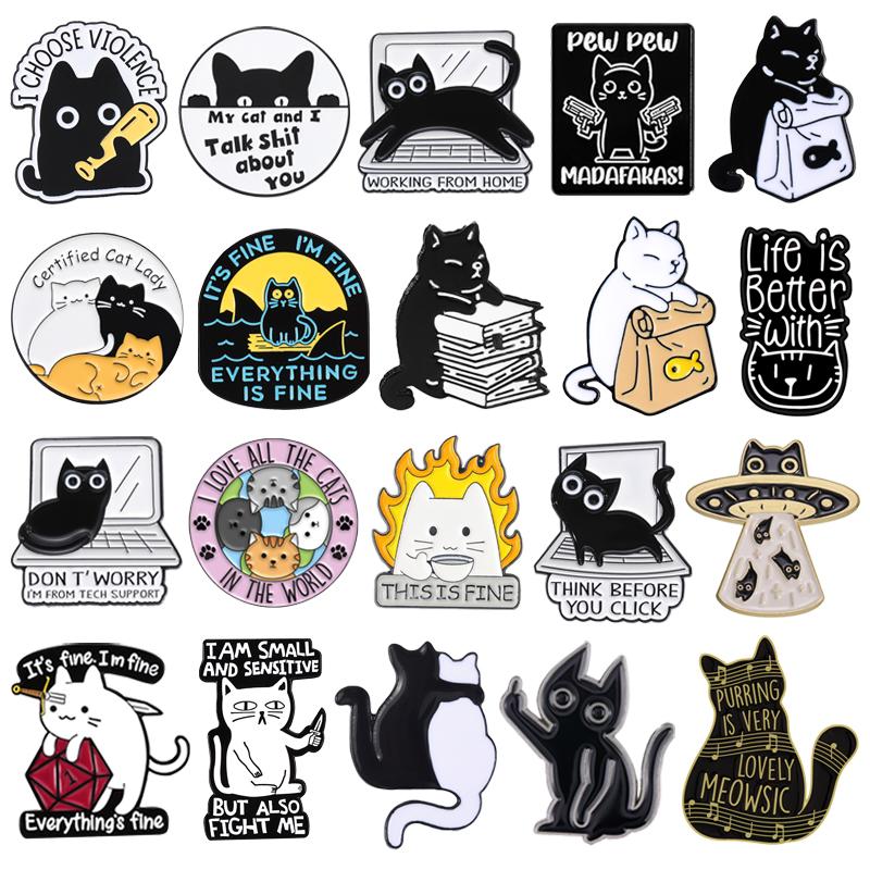 Cute Black White Cats Enamel Pins Cartoon Naughty Kitty Claw Animal Brooches Lapel Badge Fashion Jewelry Gifts For Kids Friends