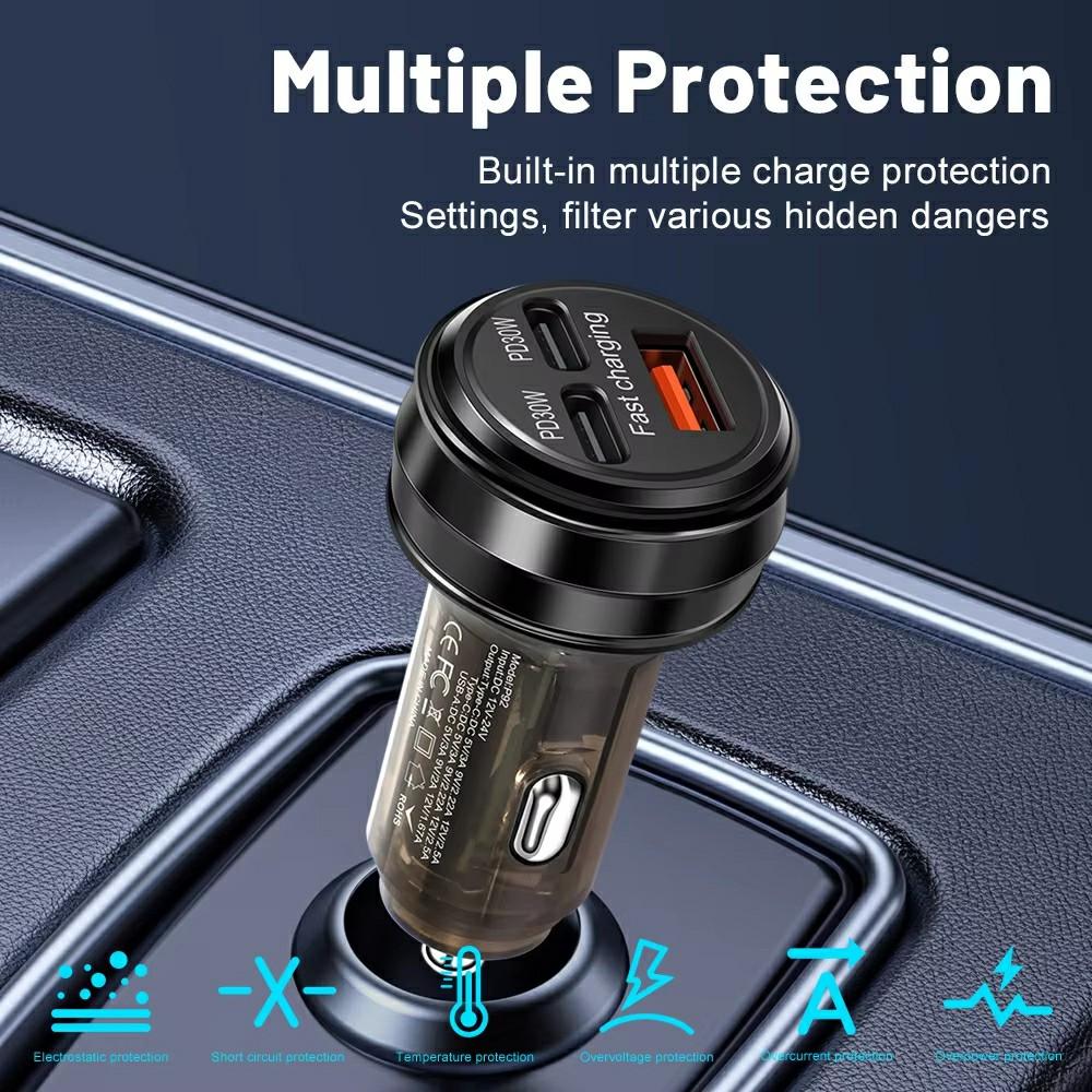 80W Car Charger 3 Ports USB + PD Type C Fast Charging Portable Cigarette Lighter Adapter