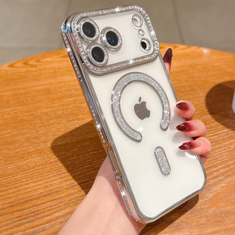 

for IPhone 17 Air 16 15 14 13 12 Pro Max Soft Magnetic Transparent Back Cover Glitter Diamond Plating Clear for Magsafe Case For iPhone 12 срібний