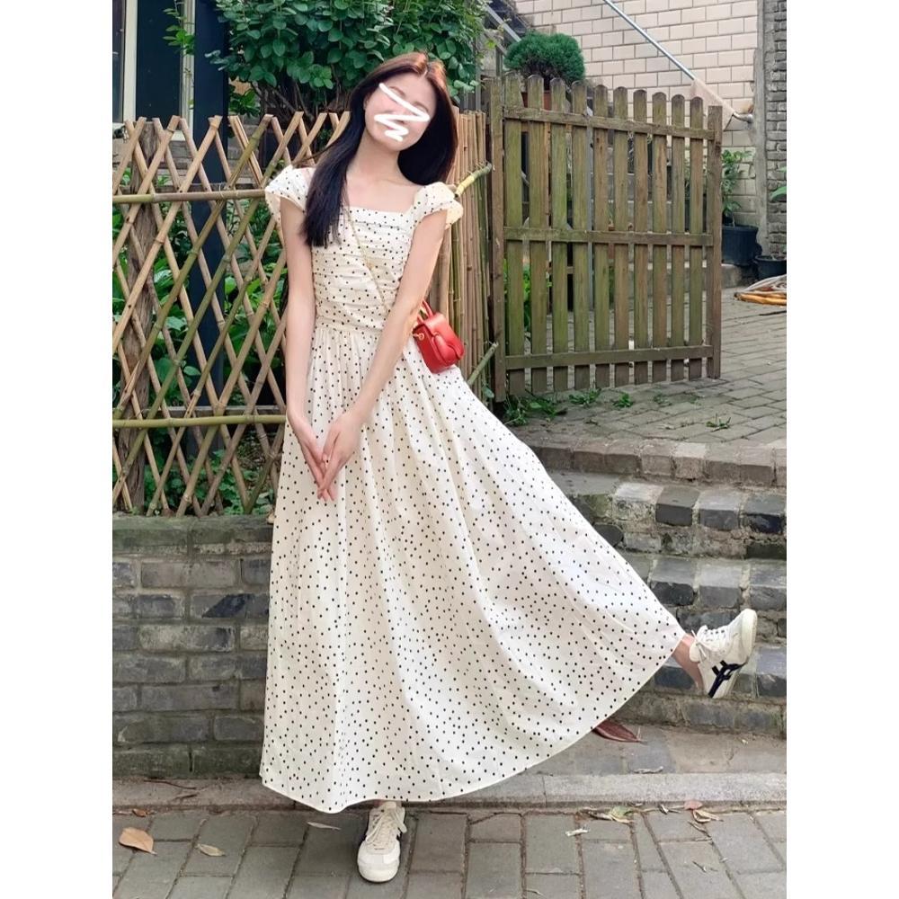 Polka dot small flying sleeve dress summer niche versatile waist thin a word medium and long dress
