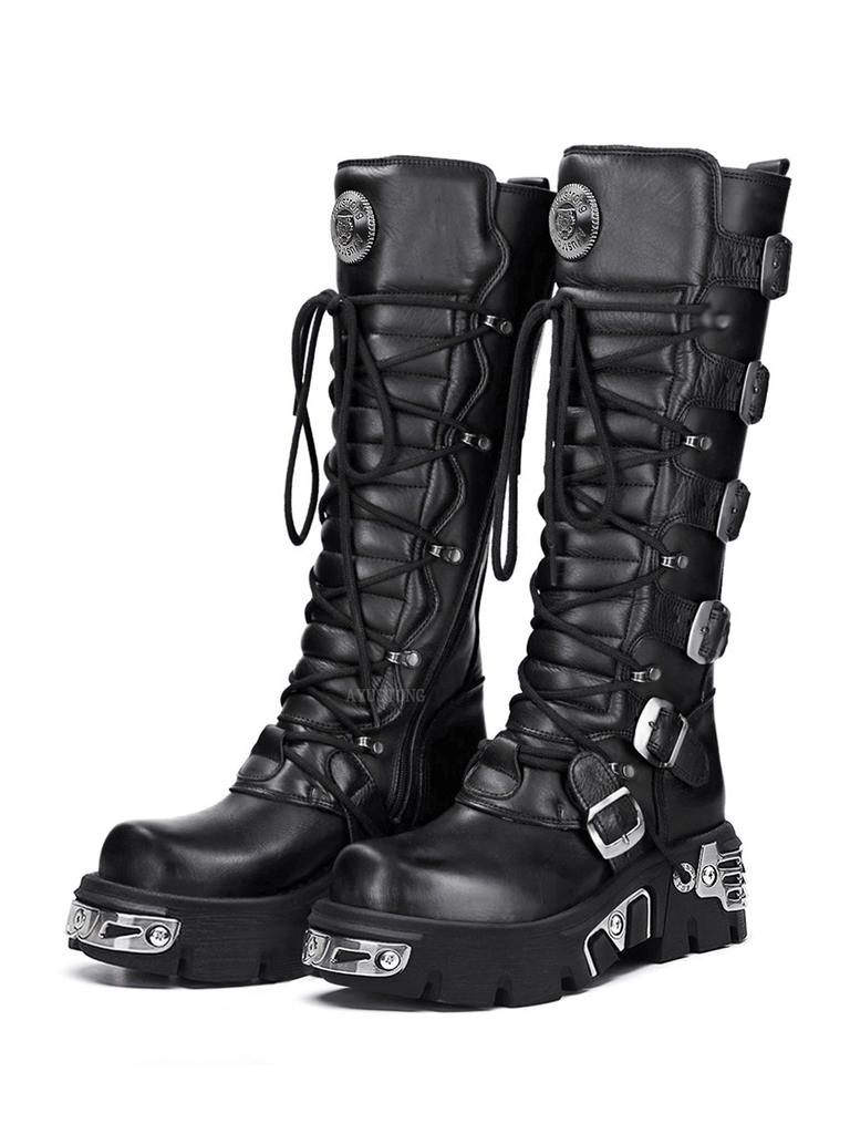 Fashion Rock Punk Motorcycle Boots Knee High Dark Style Round Toe Thick Bottom Genuine Leather Solid Color Fashion Sexy Women Shoes New