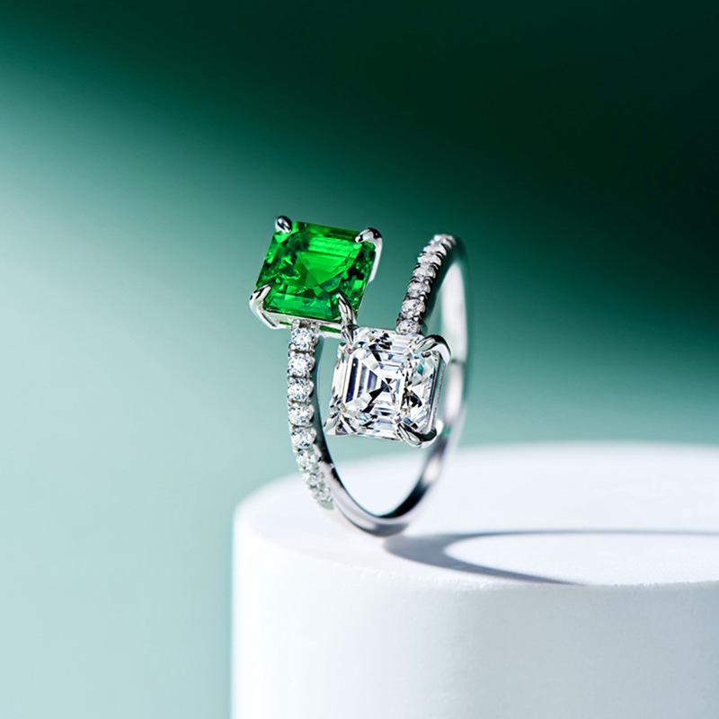 High-Quality Four-Clawed Princess Sugar Cube Ring, Double Main Stone Contrasting Color Opening Adjustable Ring