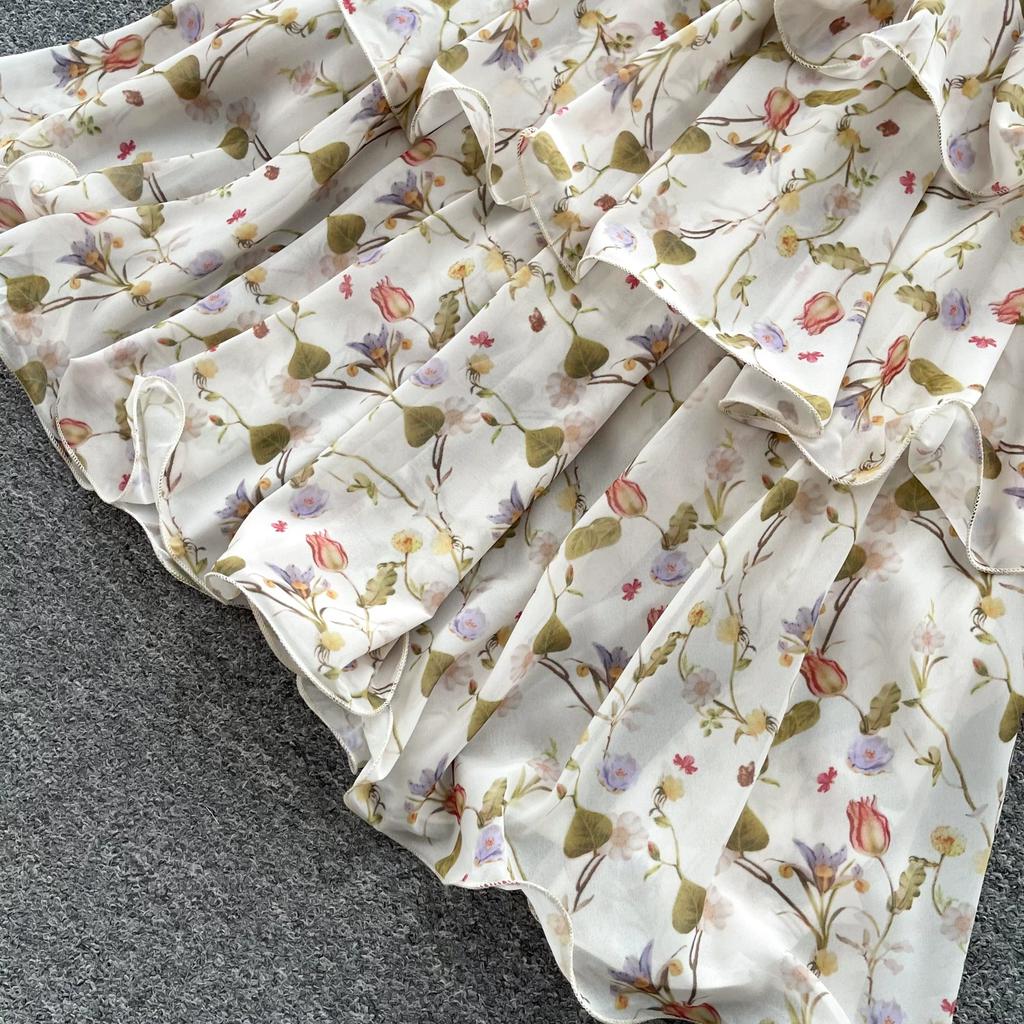 Summer Vacation Floral Printed Halter Chiffon Tiered Maxi Dress for Women Sexy V-Neck Backless Lace-up Ruffles Holiday Long Dress