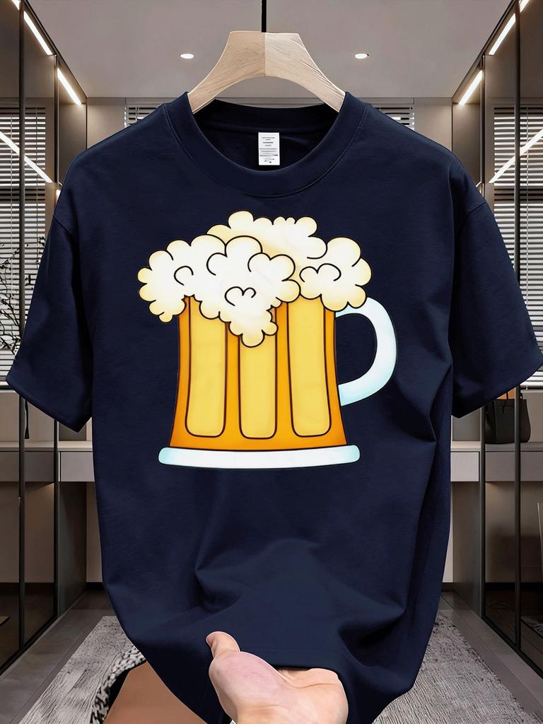 Unisex Black Crew Neck Tee Cartoon Beer Mug Foam Print Loose Oversized Streetwear Casual Short Sleeve Unisexs Summer Daily Basic Wear