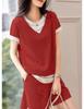 Fashion Casual Shirt Short Sleeve Pants Top and Bottom Set Room Wear Tops Shorts Cute Shorts [SpringSwallow] Women's (Red XL)