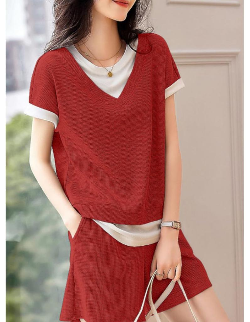 Fashion Casual Shirt Short Sleeve Pants Top and Bottom Set Room Wear Tops Shorts Cute Shorts [SpringSwallow] Women's (Red XL)