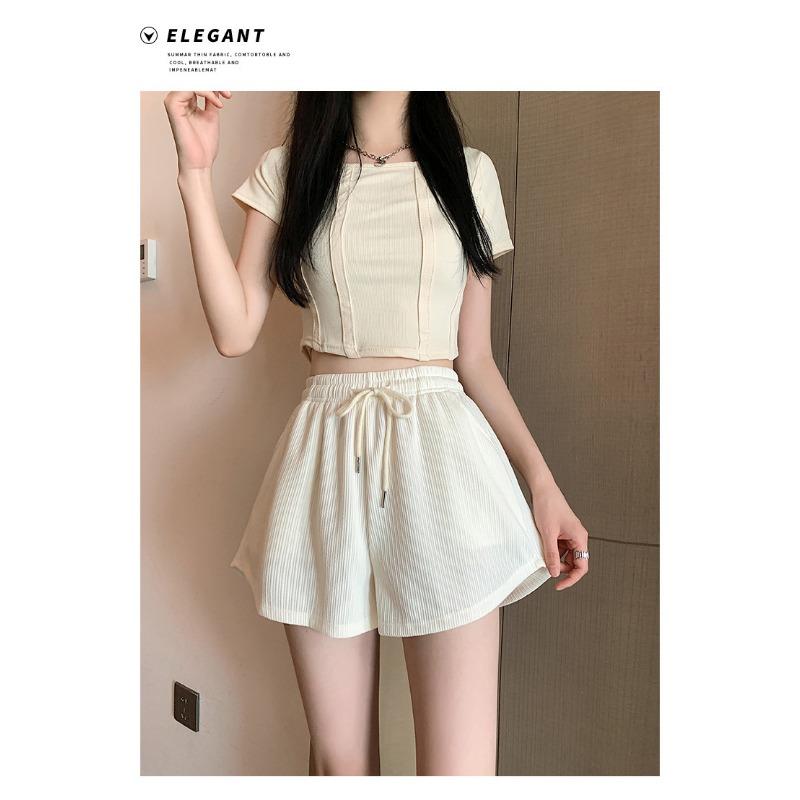 Letnie Cienkie Szorty Fitness do Biegania Damskie Luźne Casualowe Duży Rozmiar Szerokie Nogawki Spodnie z Wysokim Stanem w Linię A Sportowe Szorty Hot Pants