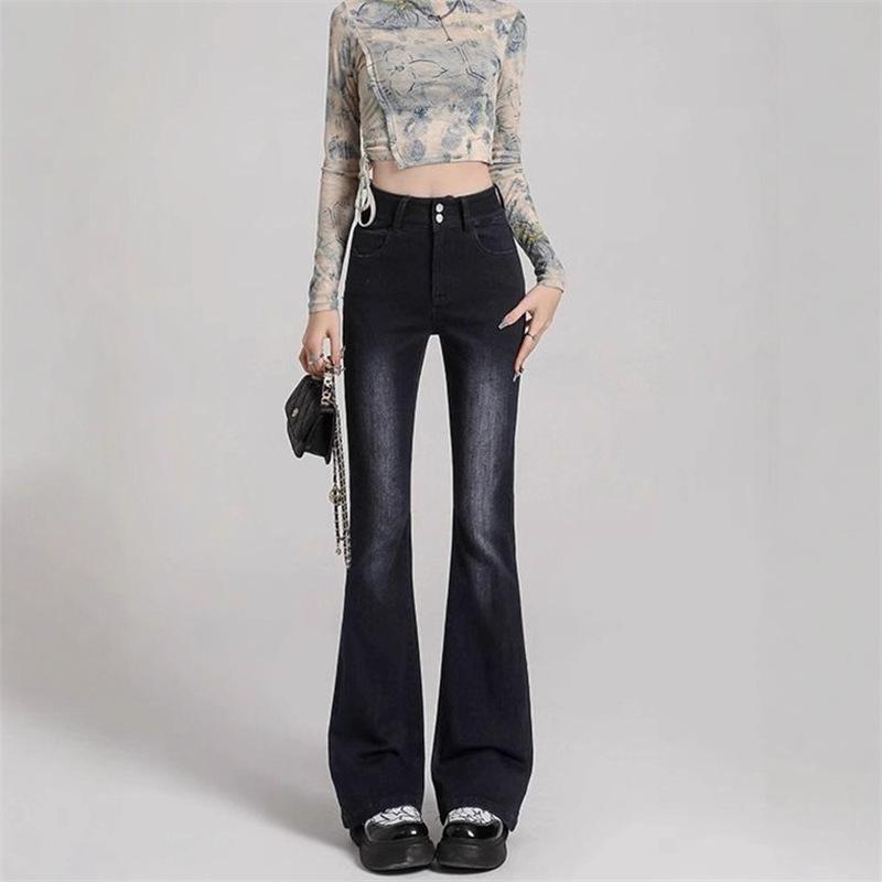 Women's Black-Grey Micro-Flare Jeans, High-Waisted and Slimming, Petite Fleece-Lined Bell-Bottoms, New Autumn/Winter 2025 Style
