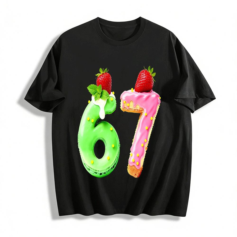 Fun Number 67 Strawberry Dessert Print Casual Top Pure cotton T-shirt XXS