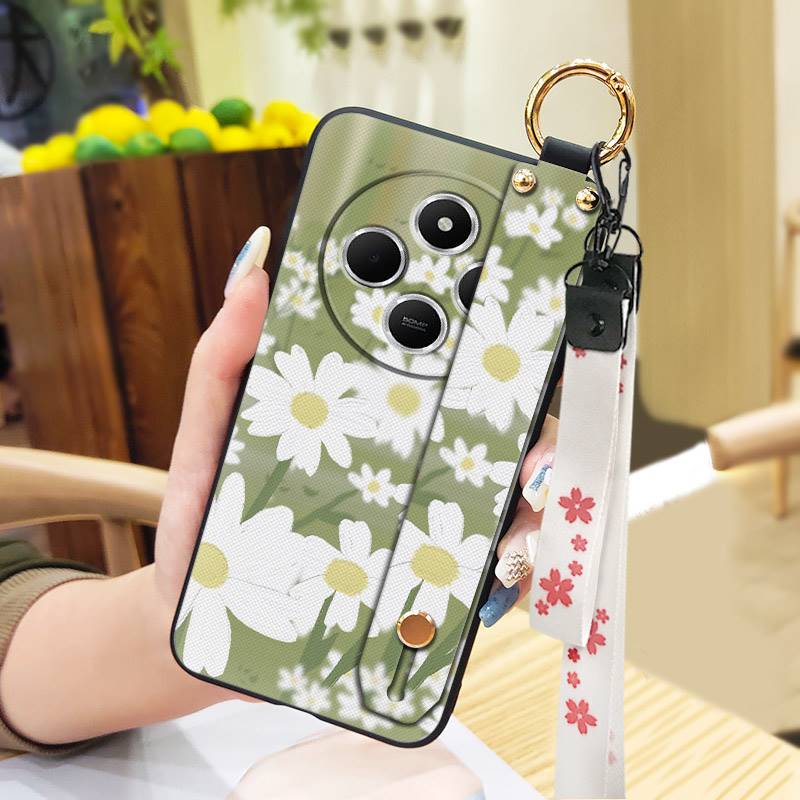 Silicone Soft case Phone Case For Redmi A4 5G Wrist Strap Ring Kickstand Flower Anti-dust Lanyard Phone Holder Durable