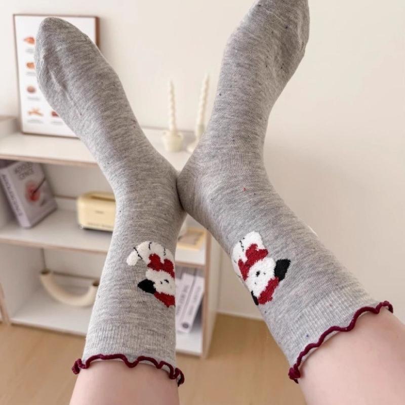 5 Pairs Autumn-Winter Cotton Mid-Tube Socks Ruffled Cartoon Design for Women