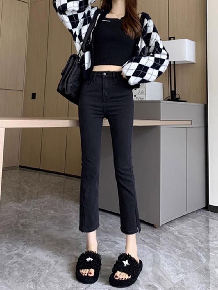 2023 Summer High Waist Black Slit Straight-Leg Petite Jeans