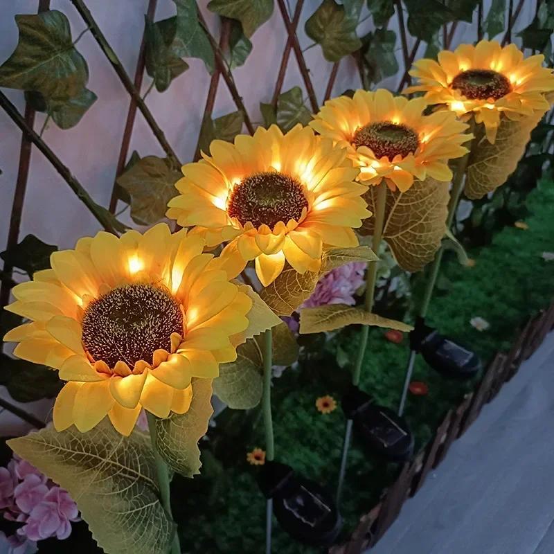 1/3 Head Solar Simulation Sunflower Lights Garden Decor Yard Lawn Night Lights  LED Landscape Lamp Home Decoration Flower Light