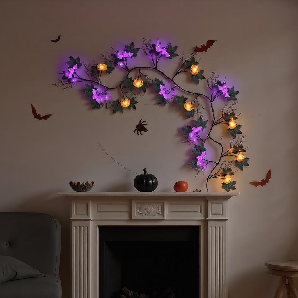 LED Halloween Garland with Orange Pumpkin Willow Vine Twig Bat Lights 8-Modes Battery Operated Waterproof Decorations for Indoor