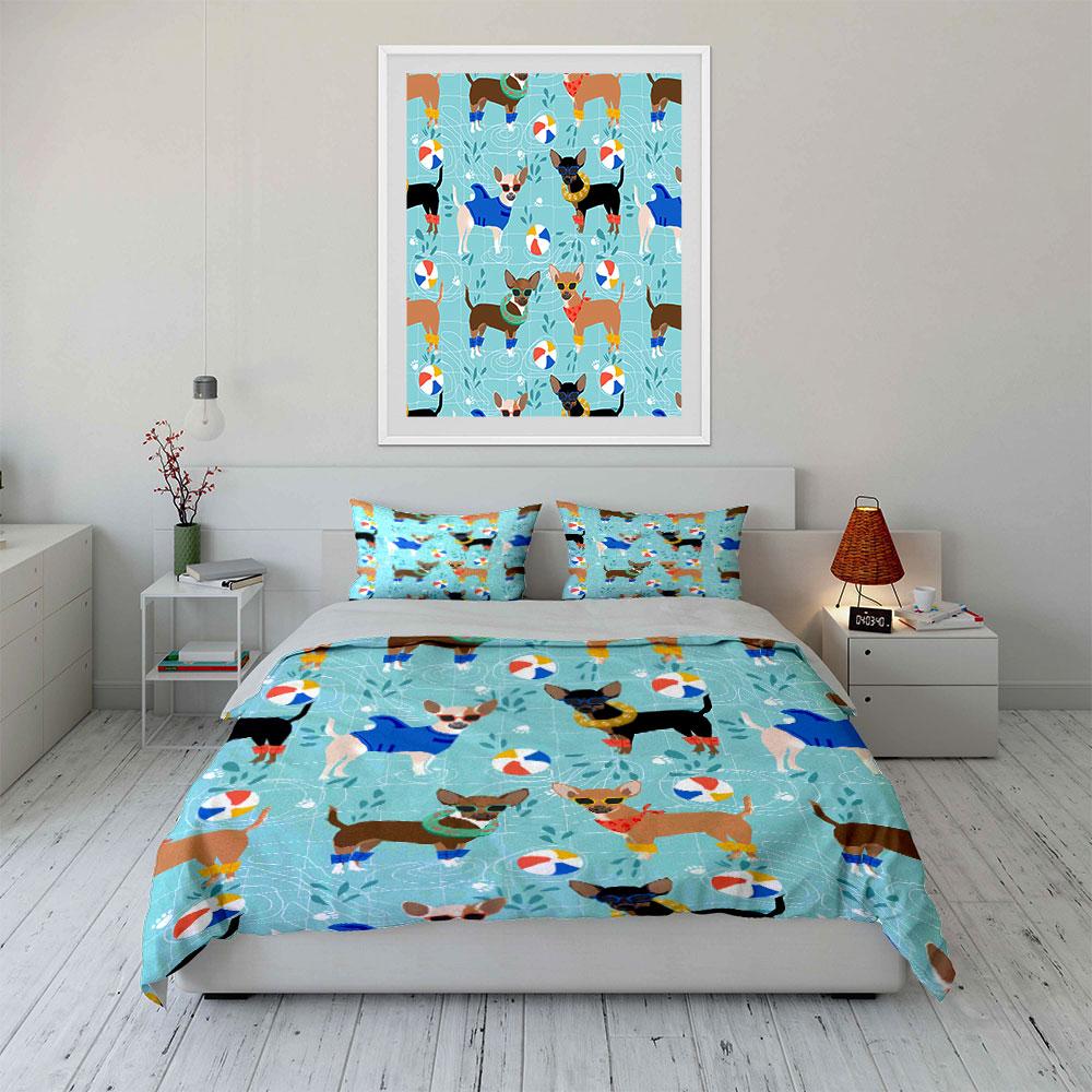 Chihuahua Pool Party Pattern Bedding Duvet Cover Set Duvet Cover Pillowcases  (1*Duvet Cover 2*Pillowcases, Without Duvet Insert)