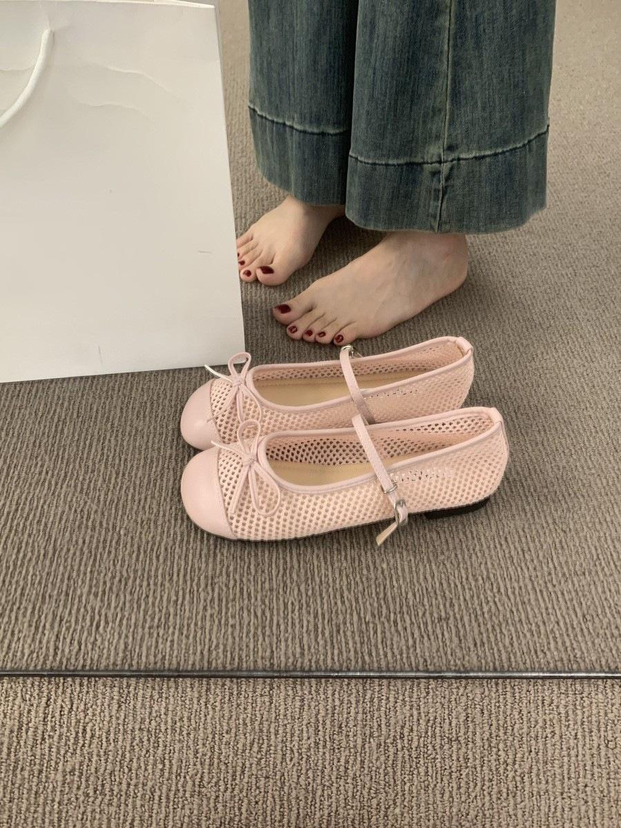 

French flat bottom one-word buckle with mesh Mary Jane shoes are versatile and not tired, soft sole pink ballet single shoes women 35