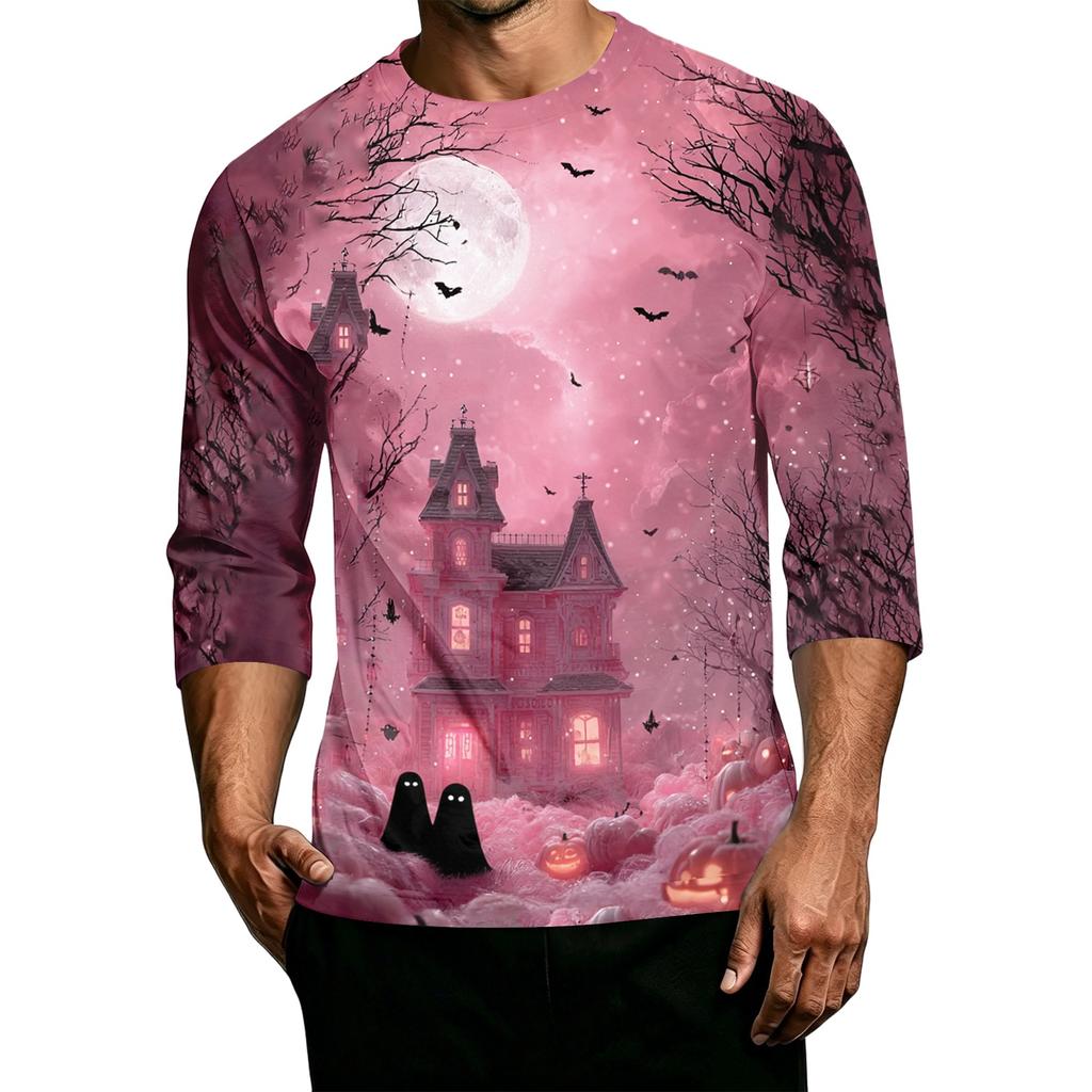 Men's Casual Halloween Print Round Neck 3/4 Sleeve T-Shirt