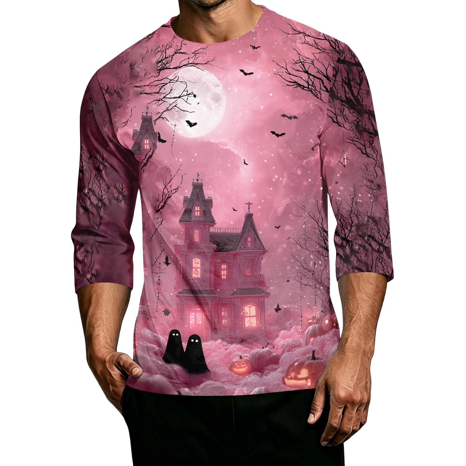 Men s Casual Halloween Print Round Neck 3/4 Sleeve T-Shirt XXXL