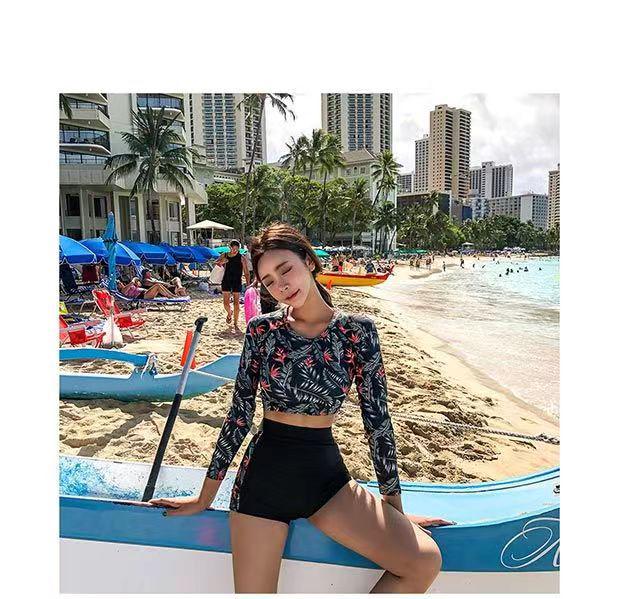 Conservative High-Waisted Long-Sleeve Sun Protection Swimsuit: Quick-Drying, Belly-Covering, Split Design for Diving & Hot Springs