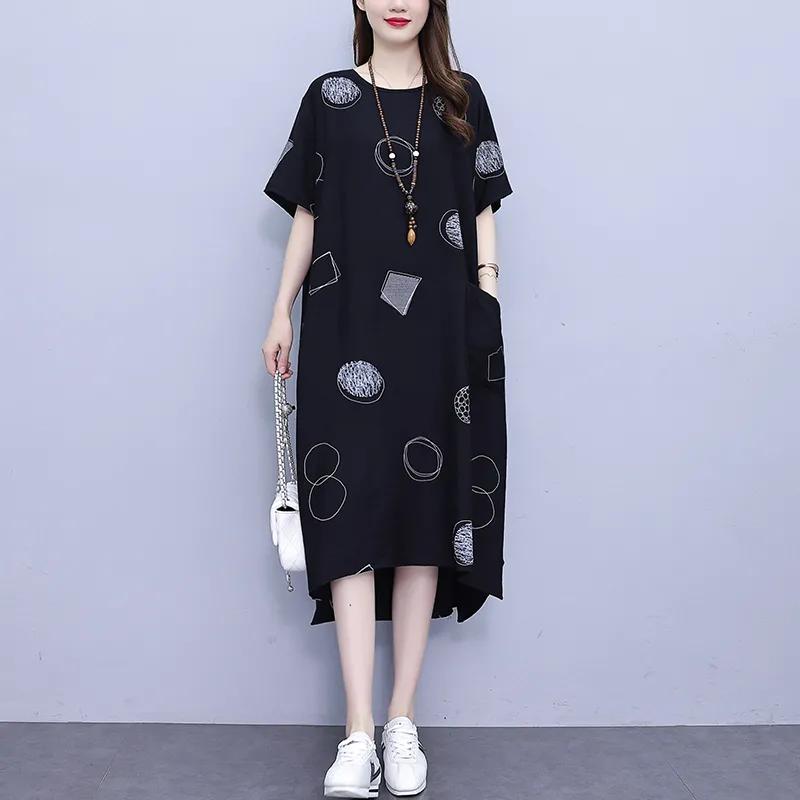 Women's Summer Plus Size Loose Casual Dress with A Temperament That Covers Flesh and Reduces Age, Mid Length Skirt