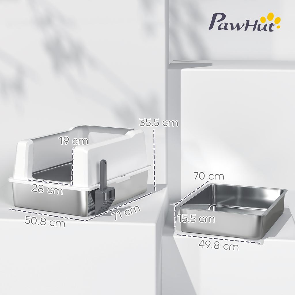 Cat Litter Box Waterproof with Raised Walls, Tray and Scoop, in ABS, 71x50.8x35.5 cm, White