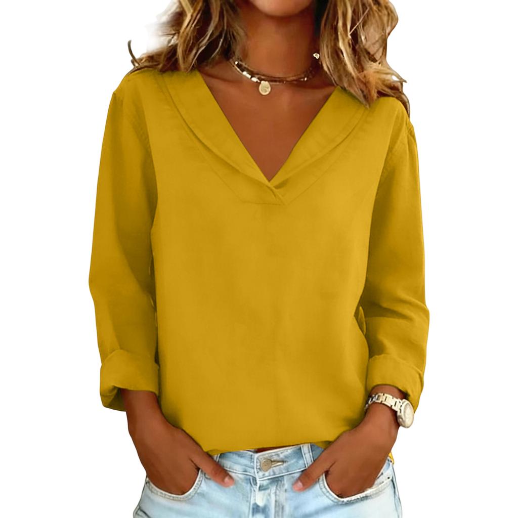 Women's Color Casual Loose V-neck Long Sleeved Split Cotton And Linen Top