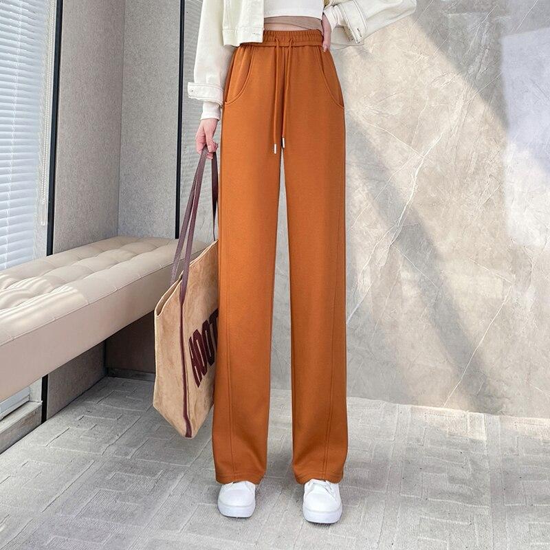 Winter New Thickening Velvet Wide Leg PantsCasual Warm Elegant Women Sweatpants Korean High Waist Loose Straight Pants Female