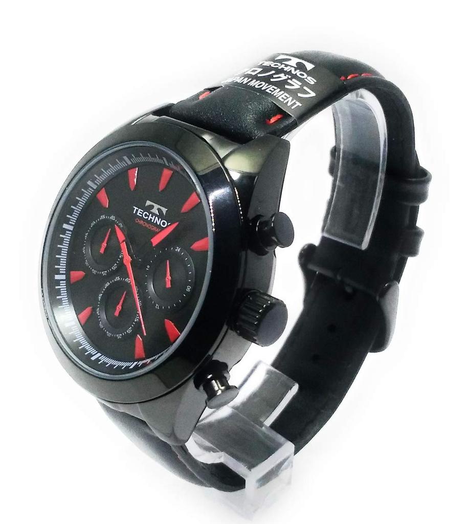TECHNOS Chronograph Watch Men's Leather Band Black & Red T9451-BR