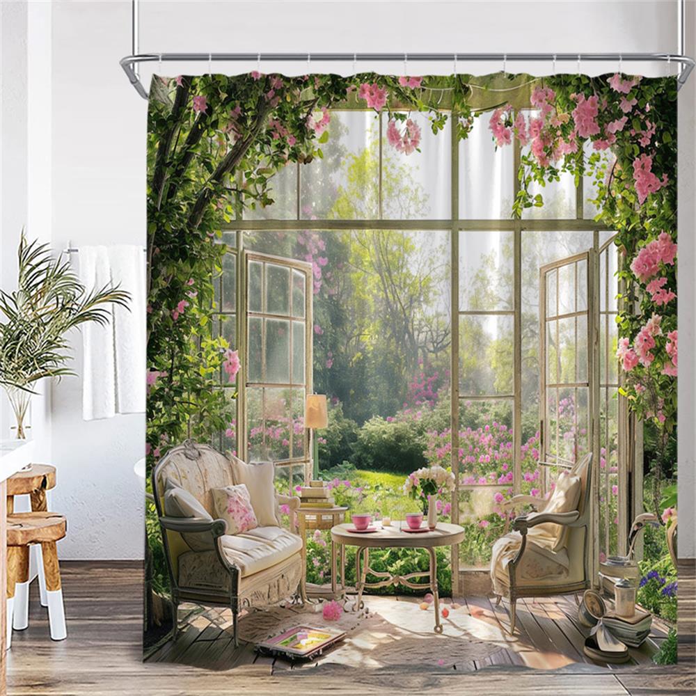 Greek Mediterranean Shower Curtain Purple Flowers Blue Door Window White Architecture Nature Landscape Bathroom Curtains Decor