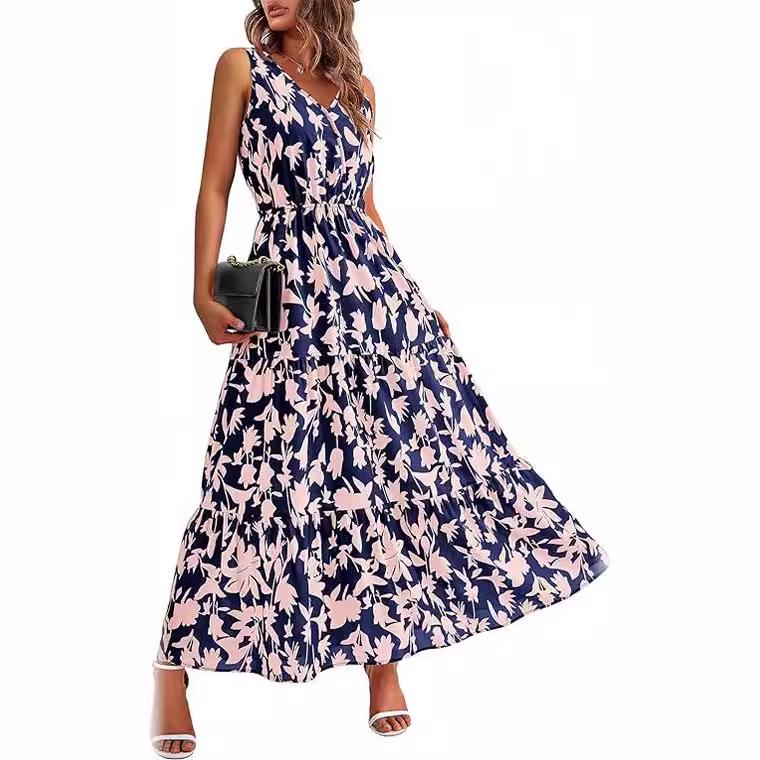 Elastic Waist Sleeveless V-Neck Print Dress - 2025 European & American Women's Fashion Bestseller