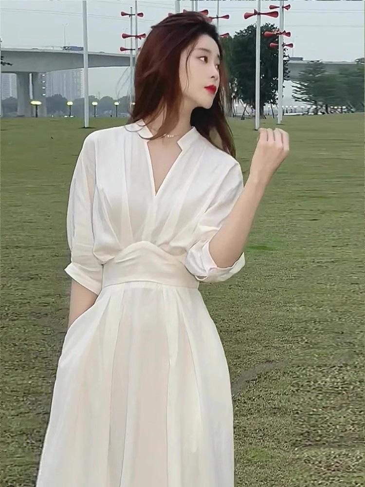 White dress, new women s summer temperament, socialite style, chic, stunning, high-end Hong Kong-style retro long skirt S белый