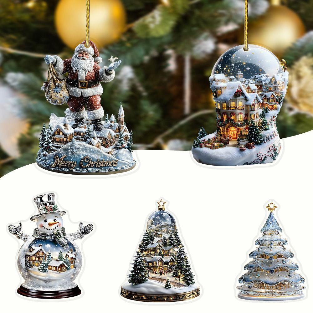 

2D Santa Claus Hanging Ornament Cartoon Snowman Car Pendants Xmas Key Ring Pendant New Year 5pcs/set