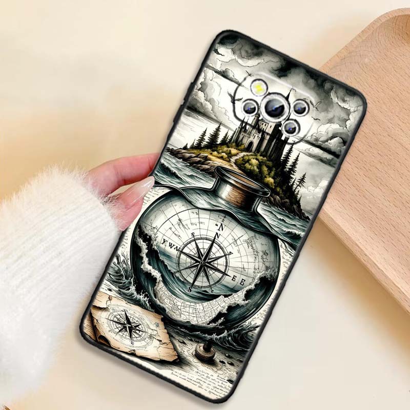 Vintage compass illustration For Xiaomi Mi Poco F3 F4 F5 F6 X3 X4 X5 X6 X7 M3 M4 M5 M6 M7 GT Pro 5G Black Phone Case