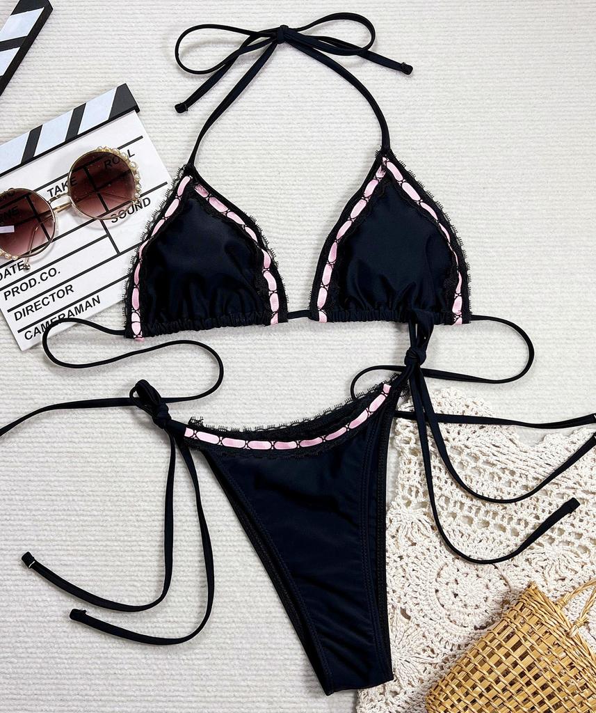 Kadın Mayo Düz Renk Halter Yaka Üçgen Çanta Dantel Bağcıklı Yan Bağcıklı Bikini Takımı Plaj Giyim Mayo