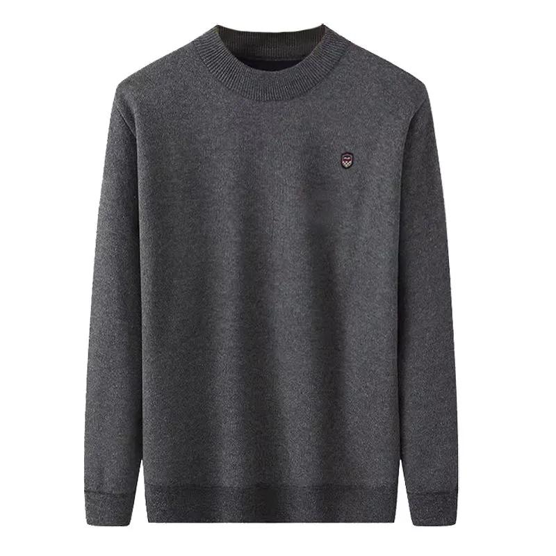 Men's Middle Aged and Elderly New Autumn Winter Crew Neck Sweater Long Sleeve Fleece Lined Thickened Warm Knit Base Layer Top