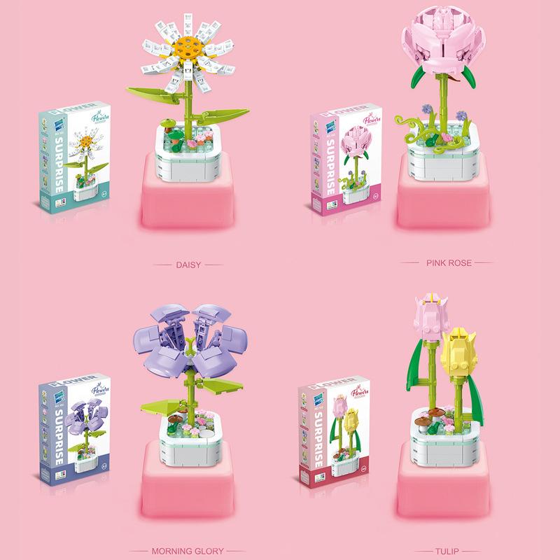 Bouquet Building Block Set Plant Potted Bricks Toys Sunflower Rose Tulip Simulation Flower Desktop Ornament Girls Romantic Gifts