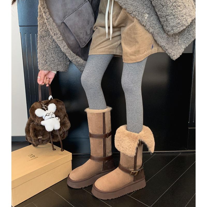 Couleur cuir assortie bottes de neige tube long femme hiver antidérapantes deux façons de porter bottes tube haut velours thermique chaussures en coton