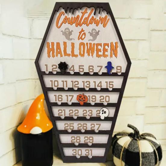 Halloween Countdown Calendar Wooden Coffins Shape Countdown Plaque Ornaments with Pumpkins Ghosts Bats Haunted House Party Decoration