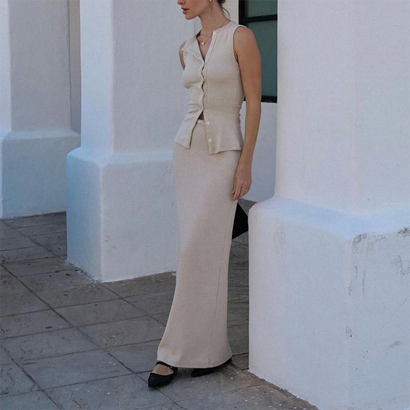 Elegant Maxi Skirt Two-piece Set Women's Sleeveless Knitted Deep O Neck Tops Slim Skirt Set 2025 Fashion Casual Skirt Sets