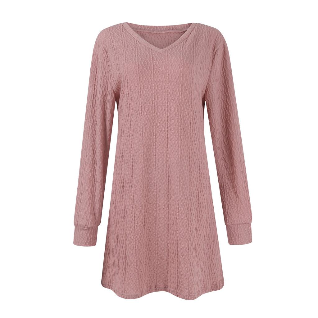 Women's Workwear Fashionable Autumn Dress V-neck Knitted A-line Long Sleeved Dress