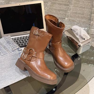 Damen Plateau Schuhe 2024 Schlicht Retro Western Cowboy Stiefel Eckige Zehenpartie Dicker Absatz Ritterstiefel Weich besohlt Bequeme Bikerstiefel