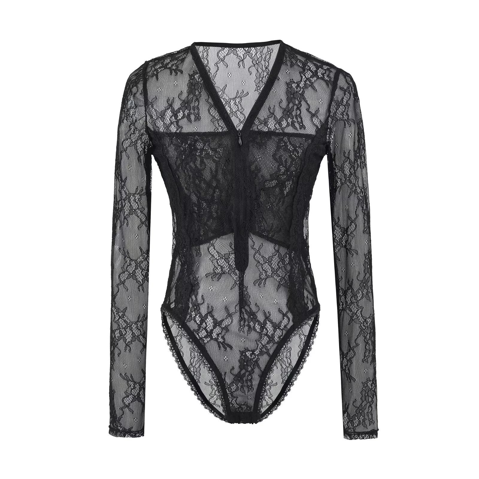 

Sultry Lace Sheer Long Sleeve Low Cut Top with Patchwork Design M (Recommended 95-105 jin)