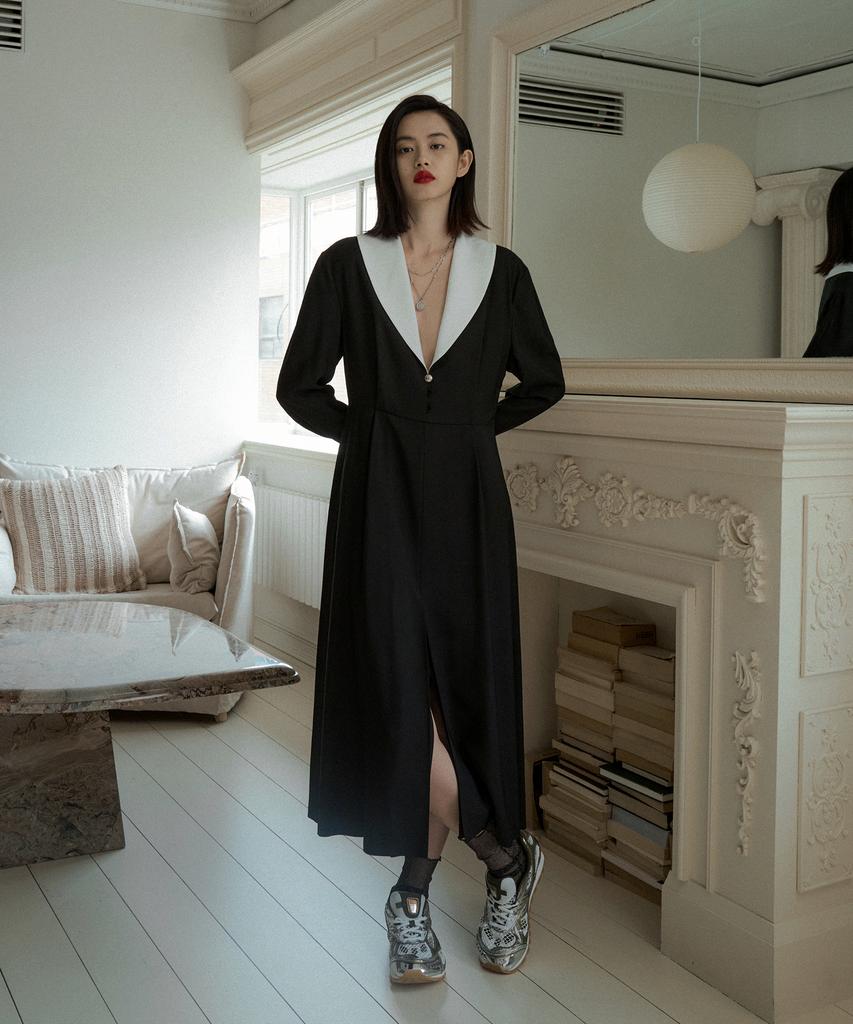 Obeodyupeulleeo Shawl Collar Long Dress_White/Black
