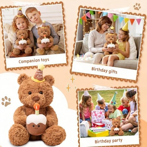 LIULINY 30cm Teddy Bear Plush Toy with Hat & Cake, Soft Cuddly Stuffed Animal Doll, Birthday Christmas Gift for Girls Boys Kids Party