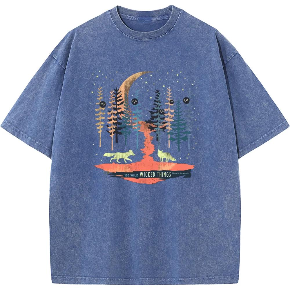 Camiseta Unisex Lavada Floresta Novidade Algodão Verão Gola O Descolorida Camiseta Engraçada Casual Solta Bleach Tops Tee